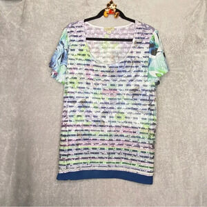 One world 1X Top Shirt White Blue Floral Lace Over Short Sleeve Scoop Neck